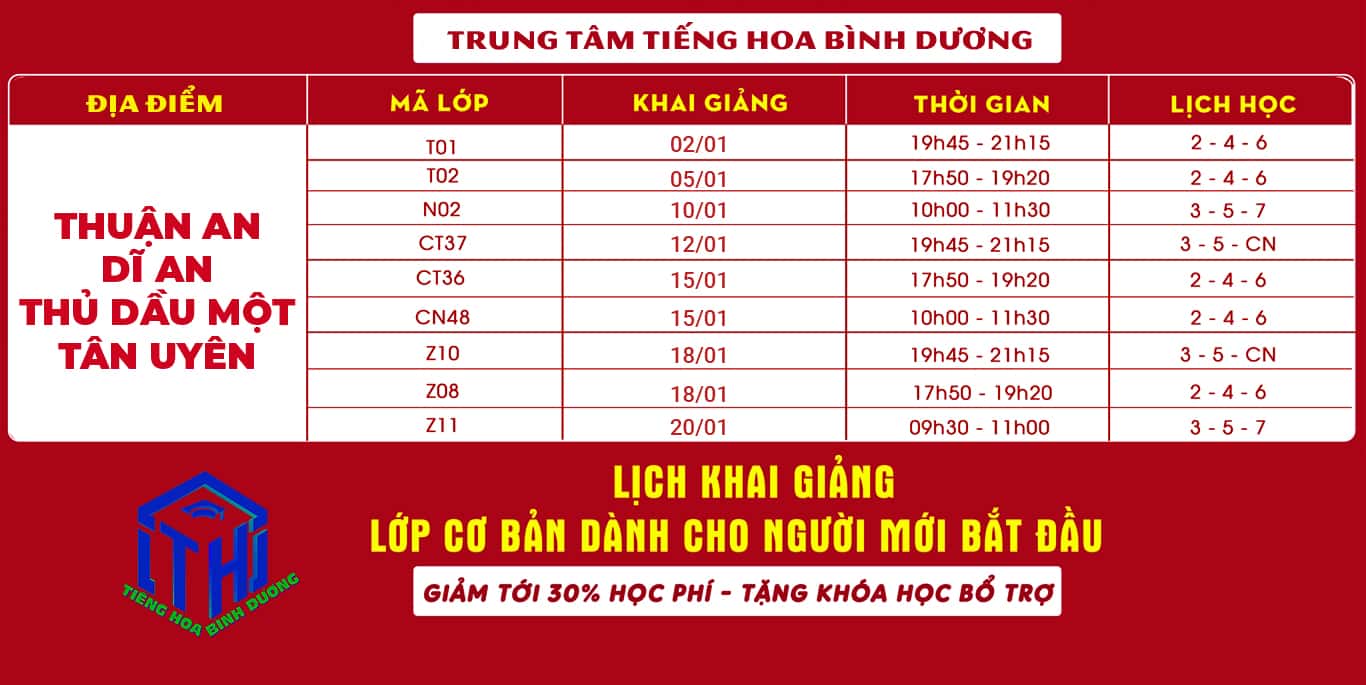 Lịch Khai Giảng Khóa Học Tiếng Trung ở Bình Dương Tháng 1 2024
